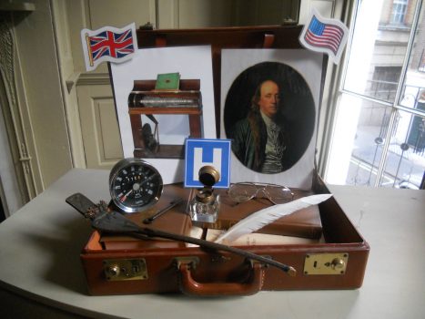 Travel suitcase containing artefacts relating to Benjamin Franklin