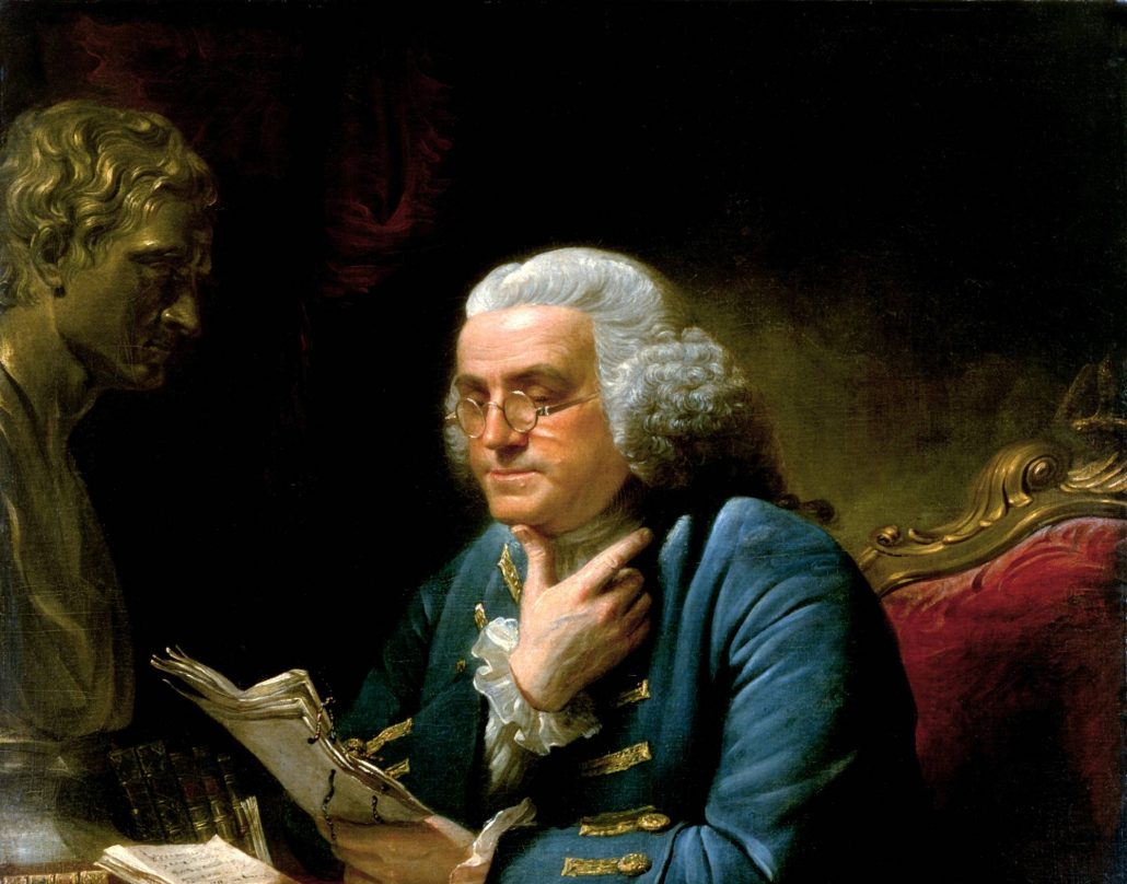 Portrait of Benjamin Franklin by David Martin, reading a paper