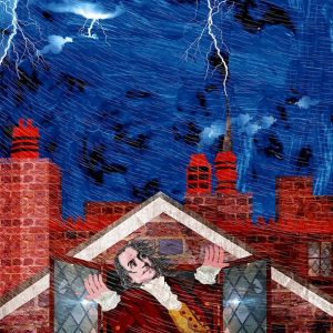Illustration of Benjamin Franklin in a storm with lightning