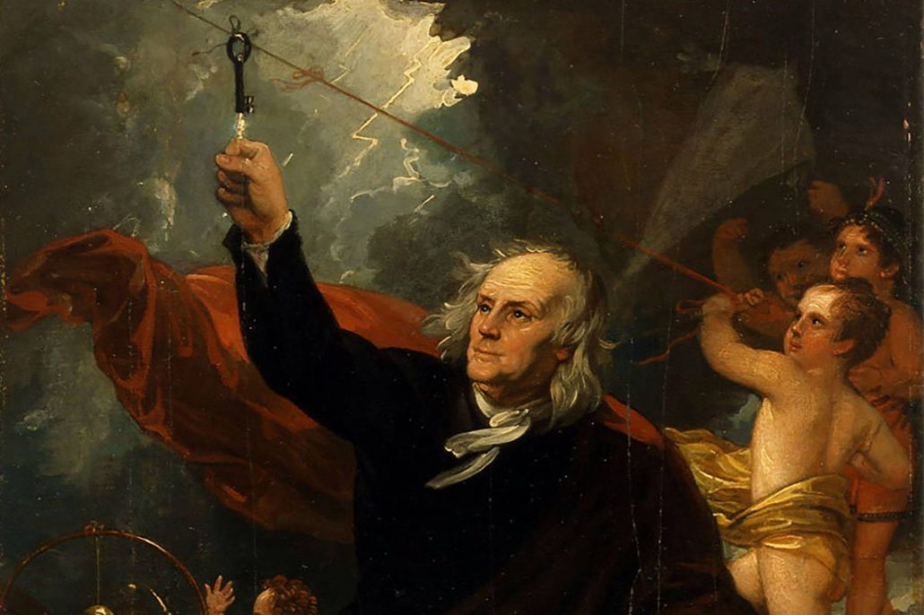 Portrait of Benjamin Franklin conducting the kite and key experiment