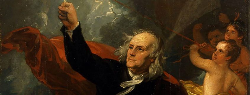 Portrait of Benjamin Franklin conducting the kite and key experiment