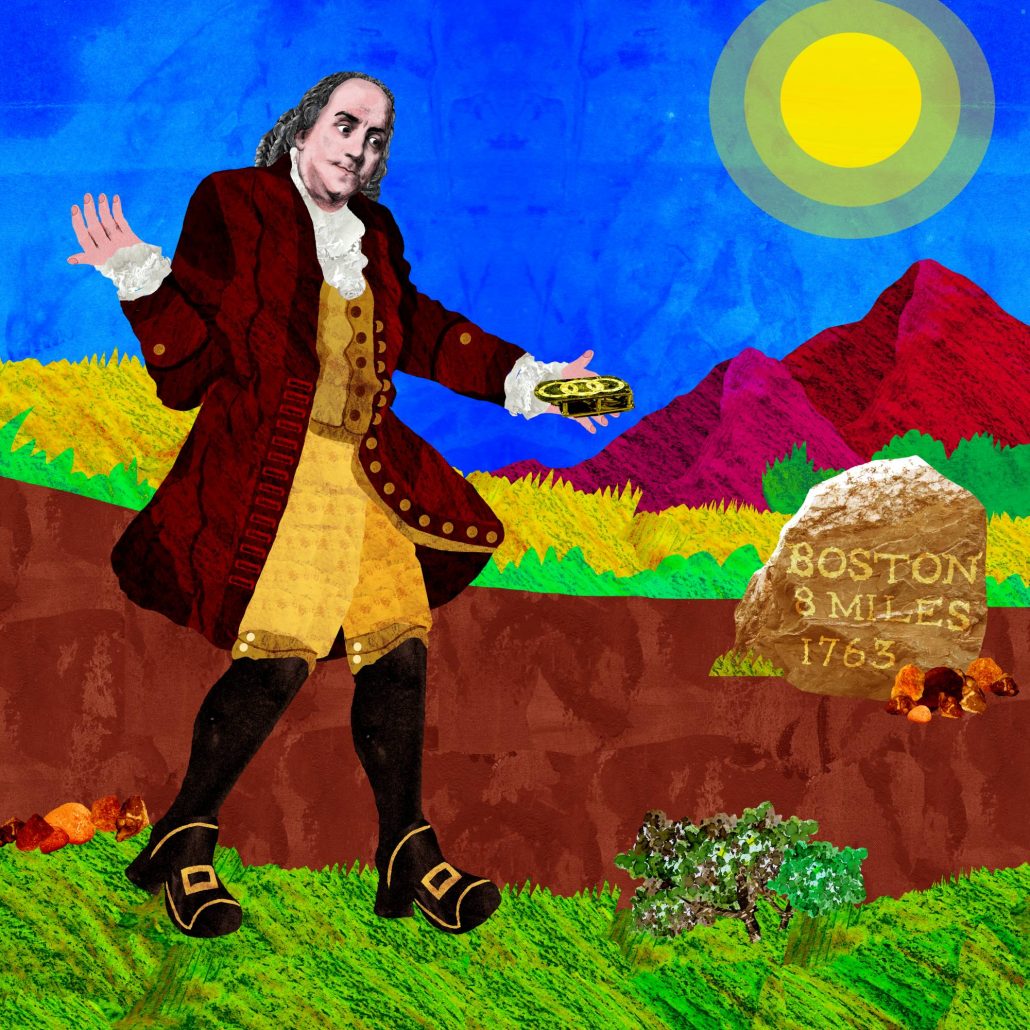 Illustration of Benjamin Franklin outside with sign 'Boston 8 miles'