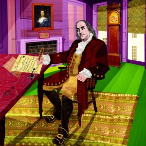 Illustration of Benjamin Franklin writing at a desk