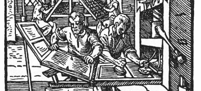 Etching of men in a printing press