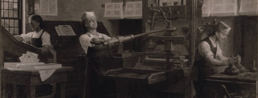 Drawing of men in a printing press