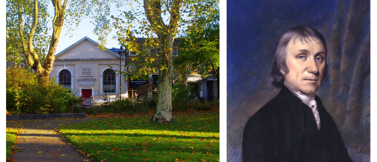 Exterior of Newington Green Meeting House beside painting of man