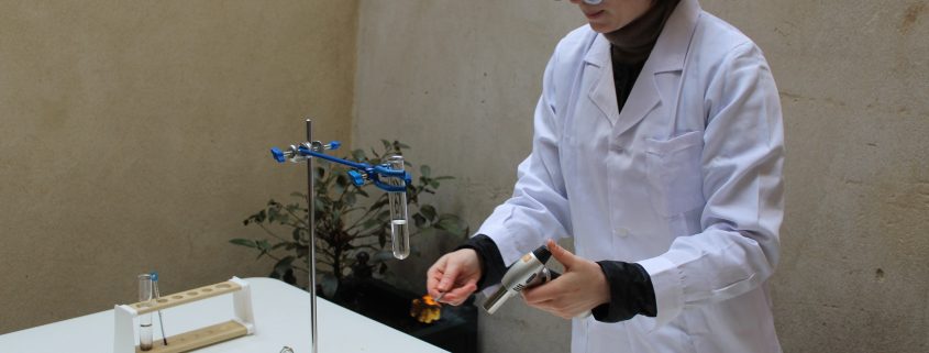 Scientist lighting a match underneath a test tube of liquid
