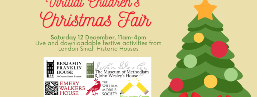 Virtual Children's Christmas Fair with logos of participants and cartoon Christmas tree