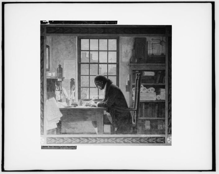 Etching of Benjamin Franklin writing with a quill at a desk in an office