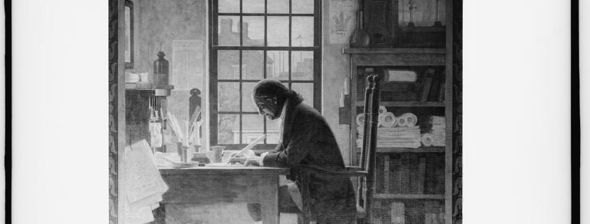 Etching of Benjamin Franklin writing with a quill at a desk in an office