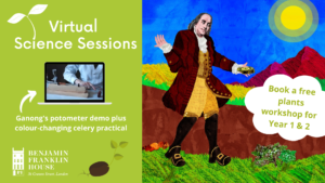A Ganong's potometer showing water with red food colouring moving up a tube as a result of transpiration. An illustration of Benjamin Franklin outdoors with his odometer. Text reads 'Virtual Science Sessions - Ganong's potometer demo plus colour-changing celery practical. Book a free plants workshop for Year 1 & 2.' for Year 6. Book a free electricity workshop for Year 1 & 2'