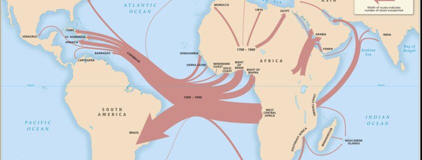 Map of the world with arrows from the west coast of Africa to North and South America and into the UK and North-Western Europe