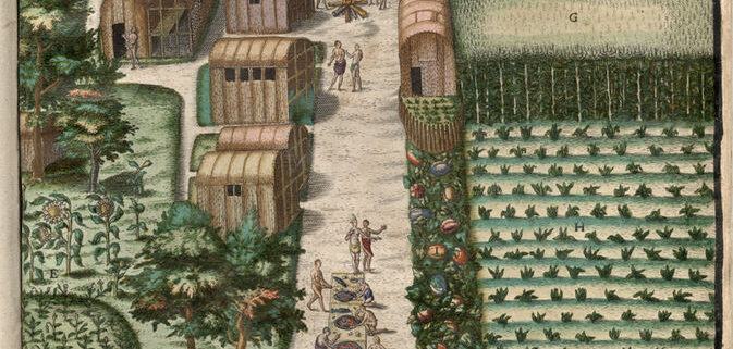 A hand-coloured illustration of Theodor de Bry's engraved illustration of the Native American village of Secoton, which accompanied the text of Thomas Hariot's book of 1588 entitled "A Briefe and True Report of the New Found Land of Virginia." Figures are shown hunting with bows and arrows, gathering food from the fields and performing a ritualistic dance in a circle.