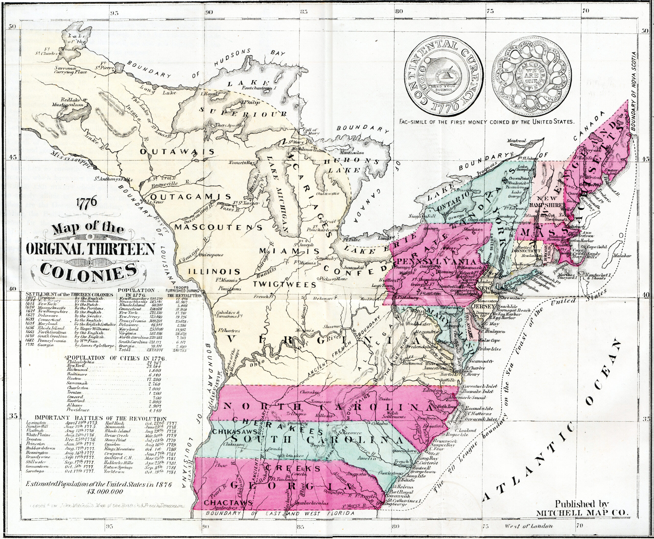 An historic map of the original 13 colonies on the east coast of America: New Hampshire, Massachusetts, Rhode Island, Connecticut, New York, New Jersey, Pennsylvania, Delaware, North Carolina, South Carolina and Delaware