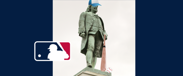 Chicago statue of Benjamin Franklin with photoshopped baseball cap, bat and ball. The MLB London Series logo is also shown.
