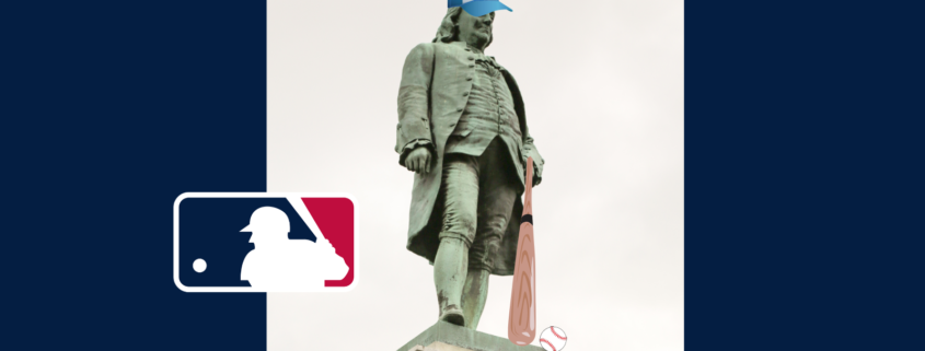 Chicago statue of Benjamin Franklin with photoshopped baseball cap, bat and ball. The MLB London Series logo is also shown.